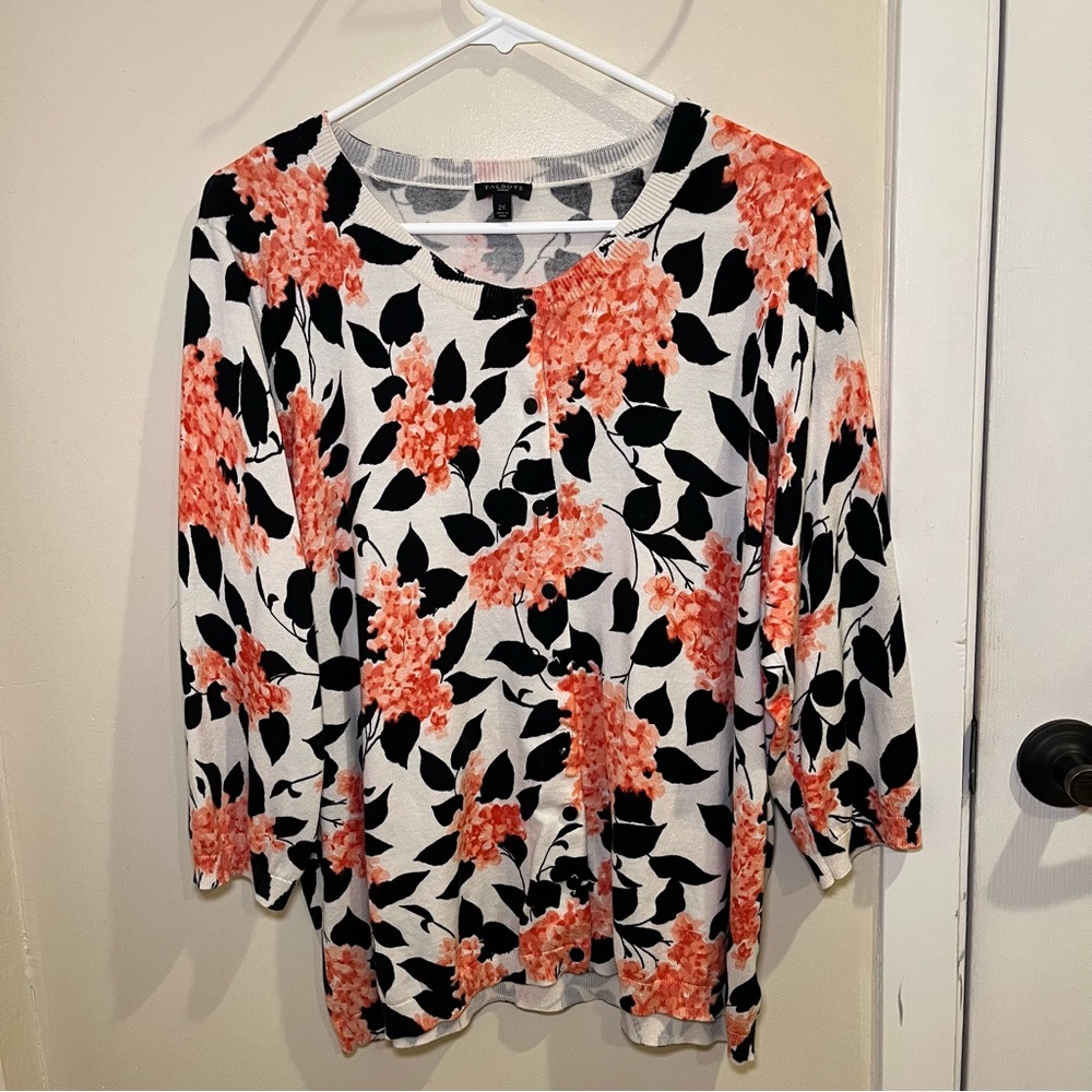 Talbots Floral Cardigan - Black, White, and Coral